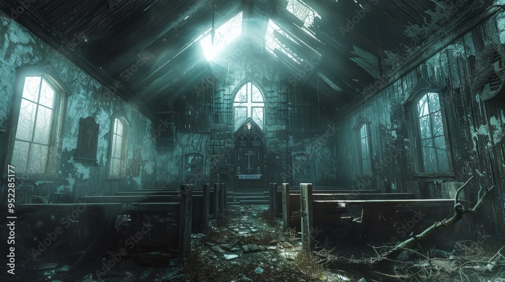 The forsaken wooden church features broken walls and a roof with ...