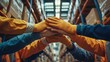 © The Little Hut - Close up view of warehouse workers putting their hands together Stack of hands Unity and teamwork : Generative AI