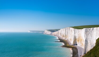 Canvas Print - illustration of white cliffs of dover overlooking calm blue sea with clear sky