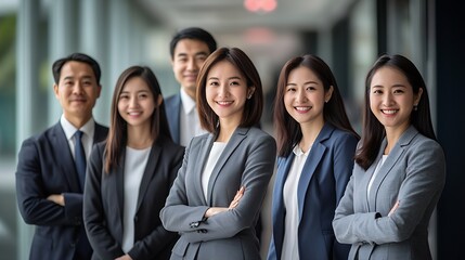 Aufkleber - Portrait of smiling group Asian professional confident business people team standing and looking at camera : Generative AI