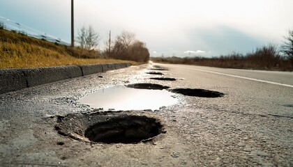 Wall Mural - potholes on a paved road the road is in very poor condition there is dirty water in the potholes