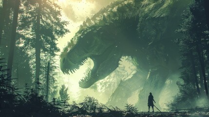 Wall Mural - A small silhouette of a man stands his ground against a massive, imposing dinosaur in a dense forest, capturing a moment of high tension and fear