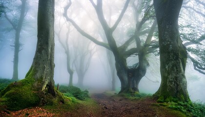 Poster - ancient trees shrouded in mist create an ethereal woodland