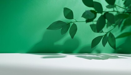 Wall Mural - tree shadows on white ground and light green background minimalistic wallpaper for product presentation in an empty mockup