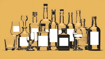 A variety of alcoholic drinks on yellow background