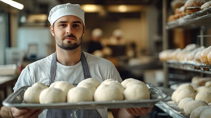 Baker man holding a metal tray full of balls of bread dough in kitchen of bakery : Generative AI