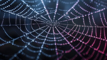 Mystical spider web with dew drops, suitable for Halloween celebrations. Shining drops of water on thin threads of the web create the effect of a terrifying and magical decor