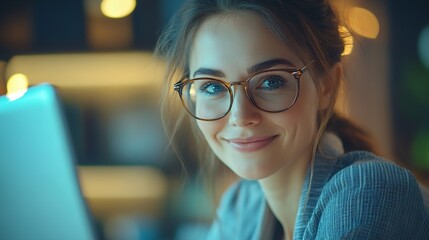 Poster - A professional businesswoman with glasses smiles while working at her office desk using a laptop and calculator Focus on paperwork and productivity in a corporate setting : Generative AI