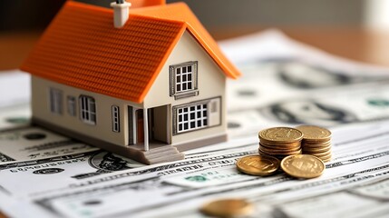 Poster - Loan application form paper with money coin and loan house model on table Loan business finance economy commercial real estate investments Home loan concept : Generative AI