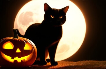 Halloween pumpkin and black cat against the backdrop of the full moon. Night