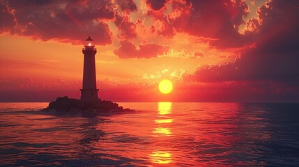 Wall Mural - Lighthouse against the backdrop of the sunset, stretching to the horizon