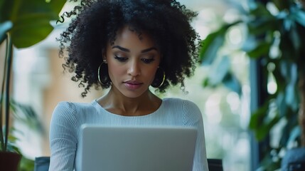 Poster - African american businesswoman reading finance business data on laptop and writing note in document : Generative AI