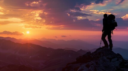 Silhouette of a Hiker on a Mountain Peak at Sunset