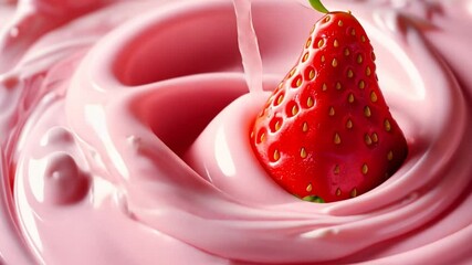 Poster - A strawberry is floating in a pink swirl of ice cream. The strawberry is surrounded by a pink wave of ice cream, and the image conveys a sense of fun and playfulness