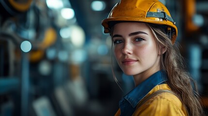 Wall Mural - Portrait of a heavy equipment female engineer from a huge industry who came to inspect the metal sheet factorys machinery : Generative AI