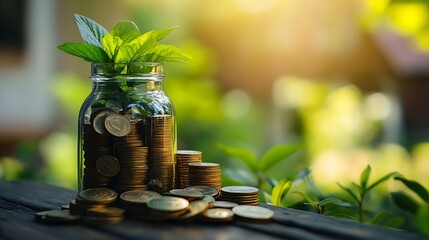 Poster - MortgageModel house and stack of coins money in the glass bottle on natural green backgroundBusiness investment and real estate concept : Generative AI
