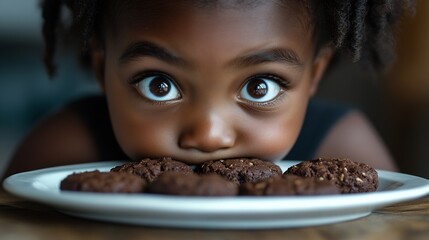 African child girl hiding and looking chocolate cookies or biscuits on dish from under the table : Generative AI