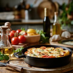 Close up of traditional Mediterranean meal with tomatoes and olive oil displayed on a rustic kitchen table.