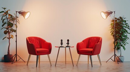 Two red chairs, a table with two microphones and two lamps in a room.