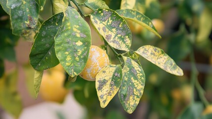 Wall Mural - Infected citrus leaves with clear signs of bacterial or fungal lesions, showing the importance of agricultural disease management.