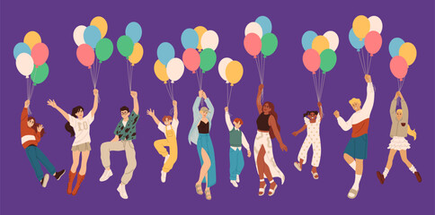 People with balloons. Happy characters flying on inflated helium balls in air. Floating men and women. Birthday party. Positive jump. Children dream celebration. Sky flight. Vector soaring persons set