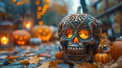 Wall Mural - A beautifully carved skull, adorned with intricate, ornate designs. This artistic skull is perfect for Halloween decorations, adding a mysterious and hauntingly elegant touch to the celebration