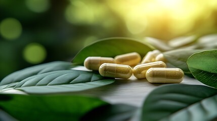 Aufkleber - Supplements and vitamins capsules with green plant leaves on white wooden table copy space Natural organic supplements healthy lifestyle concept : Generative AI