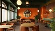 © Ben - Interior Design Featuring a Wooden Round Table and Chairs in a Modern Dining Room with Green and Orange Walls. Stylish Cafe, Bar, or Restaurant Setting with a Contemporary Home Interior Feel.