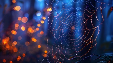 The web, decorated with tiny dew drops, sparkles in the light, creating a mysterious Halloween atmosphere. This network, woven by nature, suggests thoughts about the eerie secrets of the night