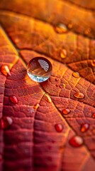 Wall Mural - Vibrant Autumn Leaf with Delicate Water Drop Concept