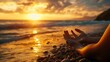 © The Little Hut - Beach meditation or woman with prayer hands in nature at sunset for peace zen or mental health wellness Spiritual balance or person at the ocean for energy breathing or holistic self c : Generative AI