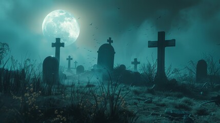 Cemetery at night and tombstones. The concept of Halloween 