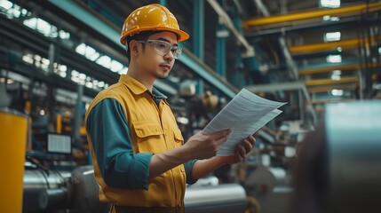 Fototapete - Asian male engineer in plastic industry factory Looking at notes and making business plans checking inventory There are machines working all around Wear uniforms and helmets : Generative AI