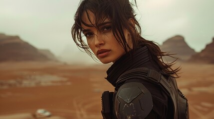 Pretty brunette woman wearing dark futuristic uniform on a alien desert landscape