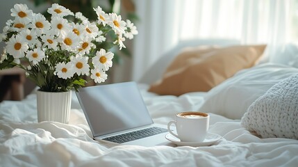 Aufkleber - Light cozy bedroom mock up laptop coffee cup and an flowers on the white bed Work from bedroom Coffee cup and flowers on a white bed White Concept Remote work empty screen White screen : Generative AI