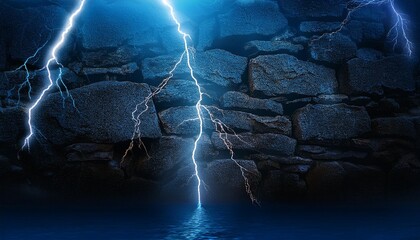 Wall Mural - black and blue background with lightning strikes cracked stone wall wallpaper ocean sea surface grunge texture