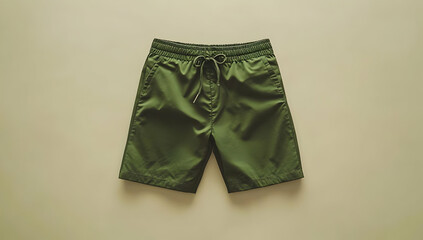 Green swim shorts displayed on a neutral background. Perfect for summer beachwear or casual outdoor activities.