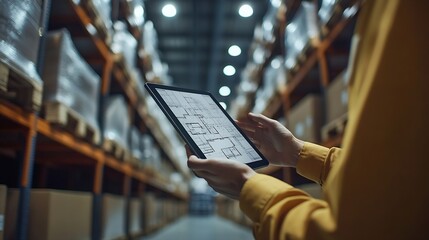 Poster - Hands architect and tablet for blueprint in logistics warehouse for building design and expansion Contractor people and scrum on app for floor plan review or meeting in factory for sup : Generative AI
