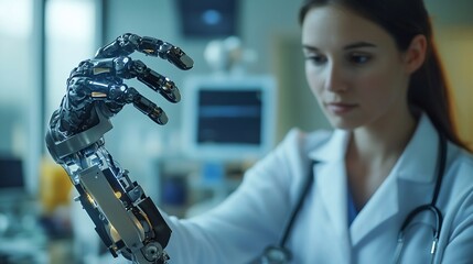 Poster - Young female therapist examine patient moving hand prosthesis in hospital Handicapped man with amputated limb test bionic arm with doctor : Generative AI