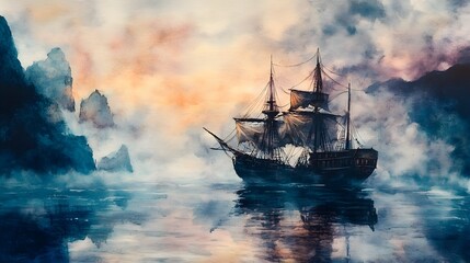 Majestic Sailing Ship Navigating Treacherous Mist Shrouded Seas