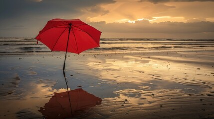 Canvas Print - A red umbrella on the beach