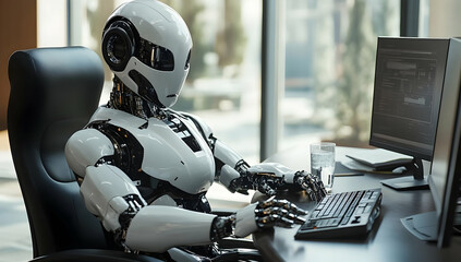 Poster - A futuristic robot working at a computer, showcasing advanced technology and automation in a modern office environment.