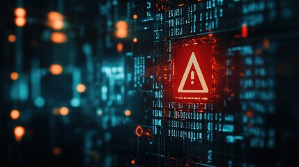 Blurred background of a computer network with a red warning sign indicating a cyber security breach