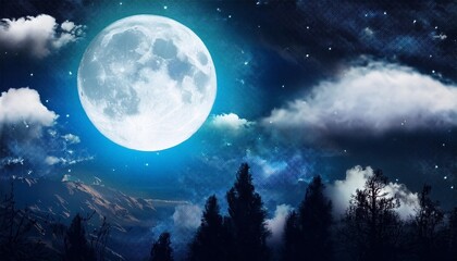 Wall Mural - a painting of a full moon in the night sky with clouds and trees in the foreground and a dark blue sky with stars and clouds in the foreground