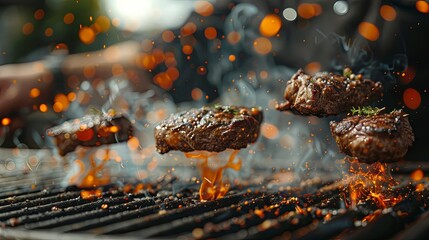 Flying beef steaks above the grill with chef on background. Concept of food preparation, grill and barbecue