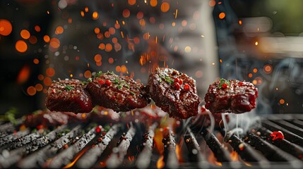 Flying beef steaks above the grill with chef on background. Concept of food preparation, grill and barbecue