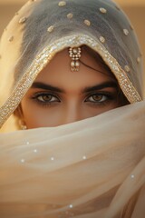 Wall Mural - A woman wearing a white scarf with gold beads on it. The scarf is covering her face. The woman has brown eyes and a gold nose