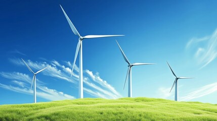 Wall Mural - Wind Turbines in a Lush Green Landscape Beneath a Clear Blue Sky. Renewable Energy and Sustainable Power from Wind Farm with Eco-Friendly Technology and Environmental Conservation Focus.