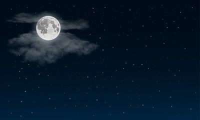 Wall Mural - ight sky background with full moon surrounded by soft cummulus clouds and stars