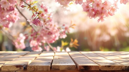 Sticker - Pink Cherry Blossoms Over Wooden Table